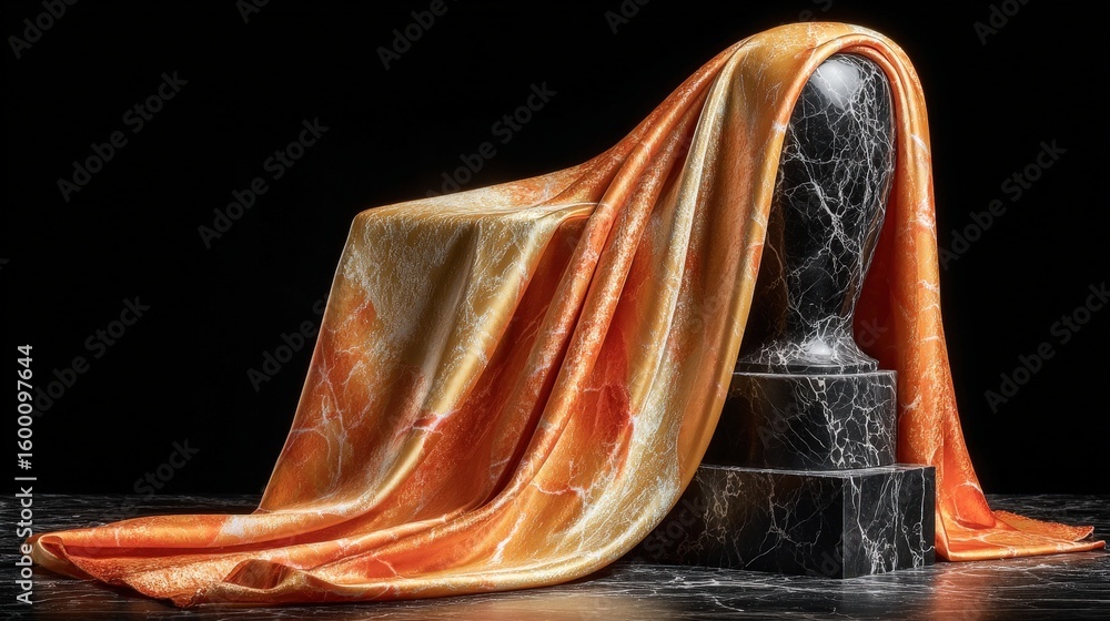 Poster an elegant draped vase on a dark surface, the draped fabric creates an interesting contrast of textu