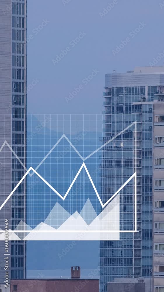 Aufkleber animation of data processing, cityscape and statistics