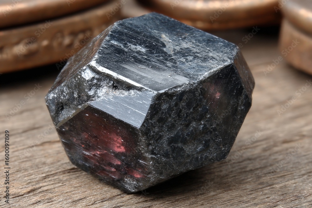 Poster a close-up of a dark, faceted mineral specimen with hints of deep red