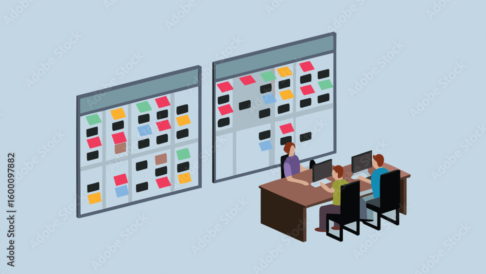Poster three people working at a desk in front of two kanban boards with colorful sticky notes attached