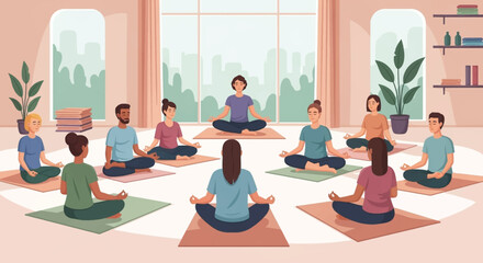 Diverse group meditating together in a bright room, promoting wellness and mindfulness