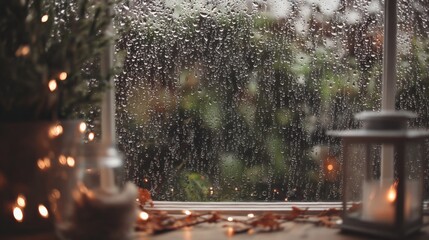 Cozy indoor scene with a rain-covered window view of lush greenery and soft candlelight creating a warm ambiance in a home setting