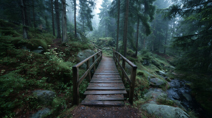 Unmarked Wooden Footbridge in Foggy Forest - Mystery of the Unknown Path