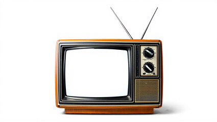 Vintage orange television with a blank screen for mockup, isolated on a white background. Retro technology and media concept.