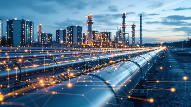 High-tech oil storage. Modern oil pipeline with buildings in the background. A golden digital grid overlay symbolizing modern technologies in oil extraction, storage, and transportation
