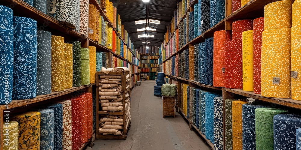 Poster an array of colorful fabrics neatly organized on shelves. the image highlights the visual richness o