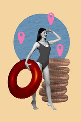 Vertical image art pop collage of happy girl lifesaver hold inflatable lifebuoy lookout geolocation water summer resort swimmer