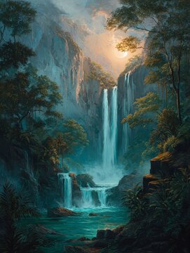 Moonlit Waterfall in Lush Jungle Landscape at Night