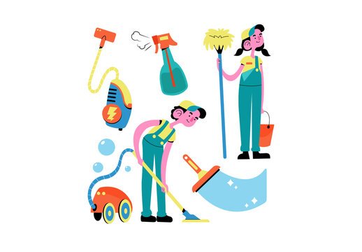 Broken White Flat Design Cleaning Service Asset Illustration