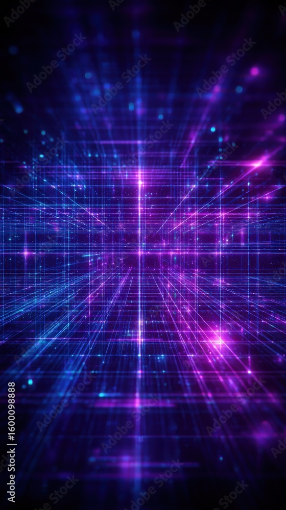 Poster futuristic digital data grid with vibrant glowing neon lines and abstract glowing geometric technolo