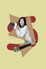 Exclusive image vertical photo collage of happy girl dance microphone karaoke occasion weekend...