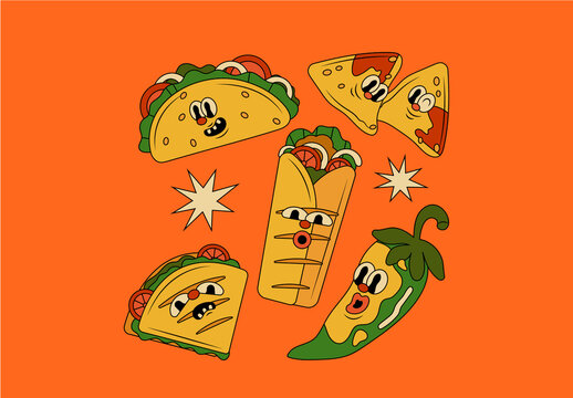 Orange Retro Cartoon Style Mexican Food Asset Illustration