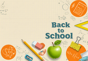 copy space, A vibrant, graphic design of a "Back to School" banner on a grid paper background, Welcome Back to school horizontal banner, doodle on checkered paper background, vector, illustration. 