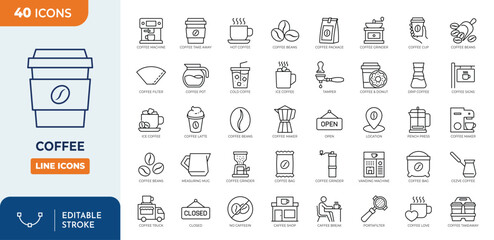 Coffee line editable icon set. Containing Coffee, latte, coffee bean, espresso, coffee shop, sugar, caffeine, and more. Editable stroke. Vector illustration