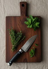 Fresh herbs and knife on wooden cutting board in kitchen setting. Kitchen items and food    