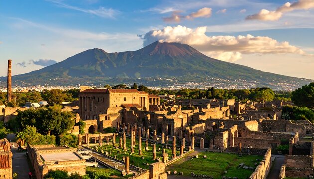 Panoramic view of Pompeii's ancient ruins with Mount Vesuvius in the background during golden hour