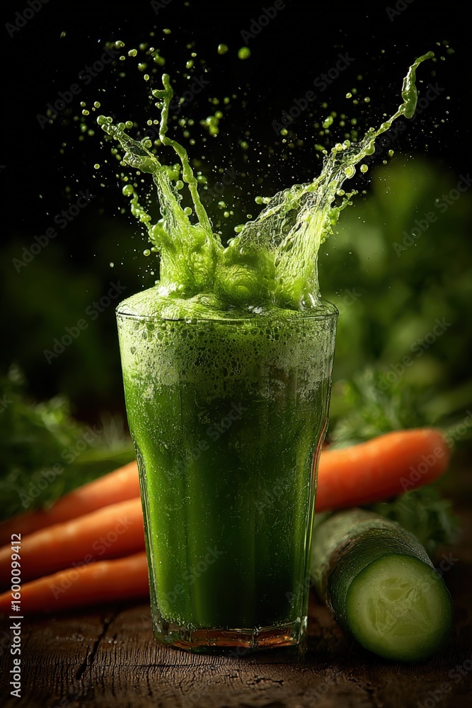 Poster refreshing vibrant green juice exploding with fresh vegetable splashes over rustic wooden surface wi