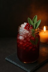 pomegranate sage jam jar cocktail on slate surface with candlelight and space for text concept of cozy bar branding autumn drink visuals