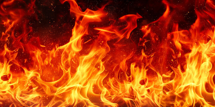flame background:Flames burning with sparks background clipart. Realistic flames burning on black background. Energetic and dynamic flames and exploding sparks.