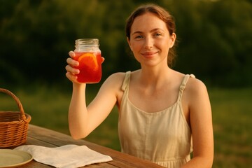 young woman holding jam jar cocktail in toast gesture at outdoor picnic table in warm light with space for text concept of summer drinks cafe cocktail brand social media