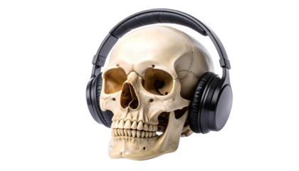 The skull wearing headphones isolated on solid white background 