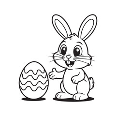 Obraz premium Adorable Easter Bunny Standing Beside a Decorated Egg Simple Black and White Line Art Cartoon Illustration