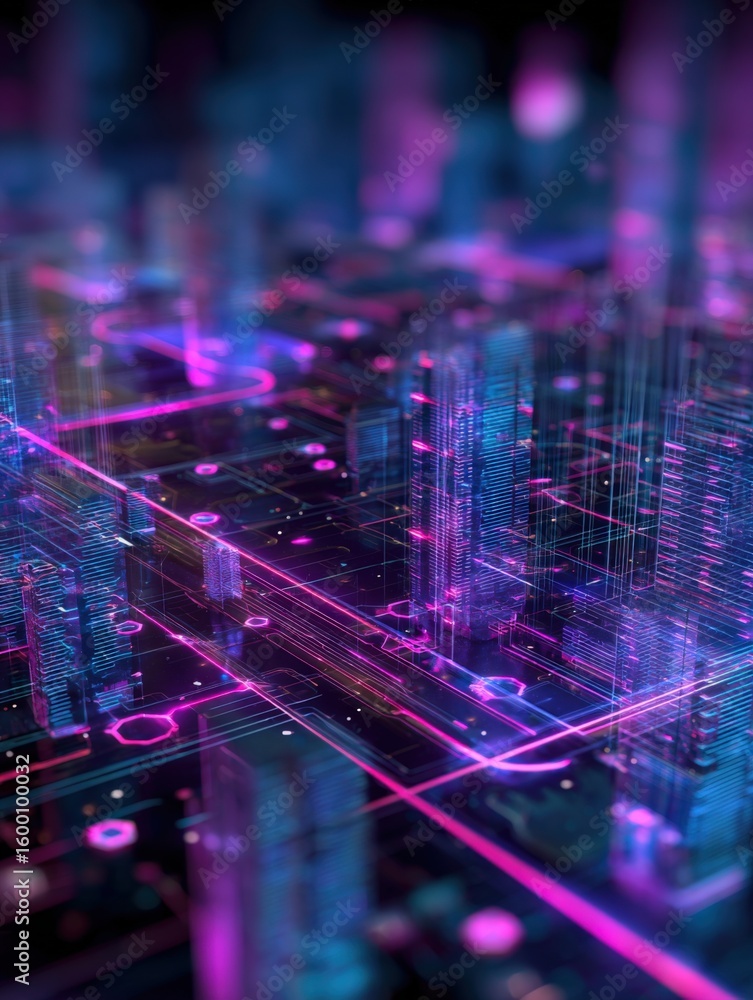 Poster futuristic digital cityscape with neon lights and high-tech data visualization in a cyberpunk style 