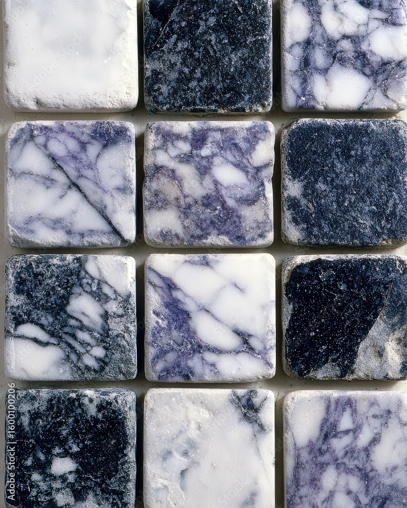 Poster a close-up of a variety of marble tiles with intricate patterns and colors. the textures and designs