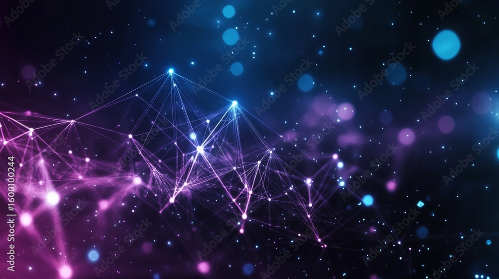 Poster abstract pink and purple polygonal backdrop featuring interconnected nodes and glowing lines design