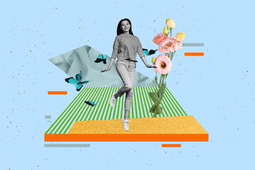 Template collage pop of people air fly have fun lawn flowers on blue color background