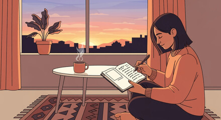 Young woman journaling with coffee by sunset city view cozy indoors