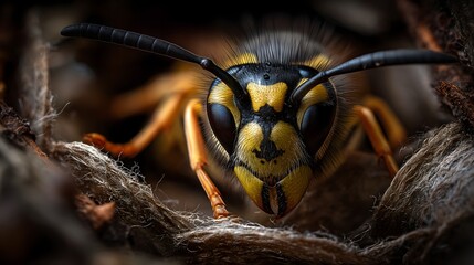 Closeup of yellow jacket nest in nature