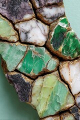 Obraz premium Detailed view of decorative stones forming a unique pattern, with colors of green, purple, and gold, a close-up showing texture and detail