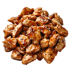 Crispy glazed chicken, garnished with spring onions and sesame on a white plate isolated on transparent background
