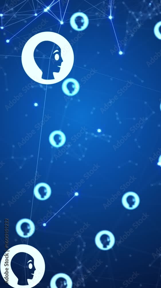 Poster animation of ai data processing over connections with icons