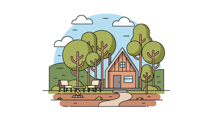 Cozy A-frame cabin nestled among trees with a campfire and seating area