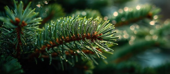 Close-up of green pine tree needles with water droplets du daytime in a natural outdoor setting with blurred background