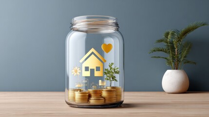 Creative concept of saving money in a transparent glass jar with gold coins a small house and plant icons on the jar with a smart arrangement on a wooden table and a potted plant in the background