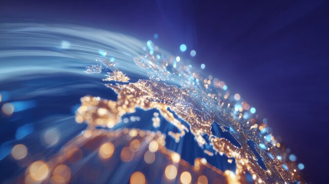 Illuminated Digital Globe with Bright City Lights Displaying Global Connectivity and Data Networks at Night in a High Tech and Futuristic Style