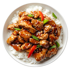 Crispy glazed chicken, garnished with spring onions and sesame on a white plate isolated on transparent background