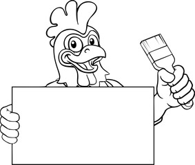 A chicken or rooster painter decorator handyman cartoon construction man mascot character holding a paint brush tool