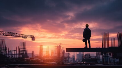 Fototapeta premium Young male construction worker standing on steel beam overlooking city skyline at sunset, safety helmet and backpack, urban construction site