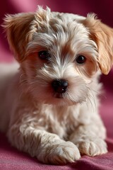 Close-up of a fluffy, light-tan and white puppy resting on a deep-pink surface