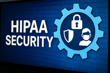 Digital visualization of HIPAA Security protocol enforcement with glowing circular interface, lock and medical icons, symbolizing cybersecurity in healthcare and data protection compliance
