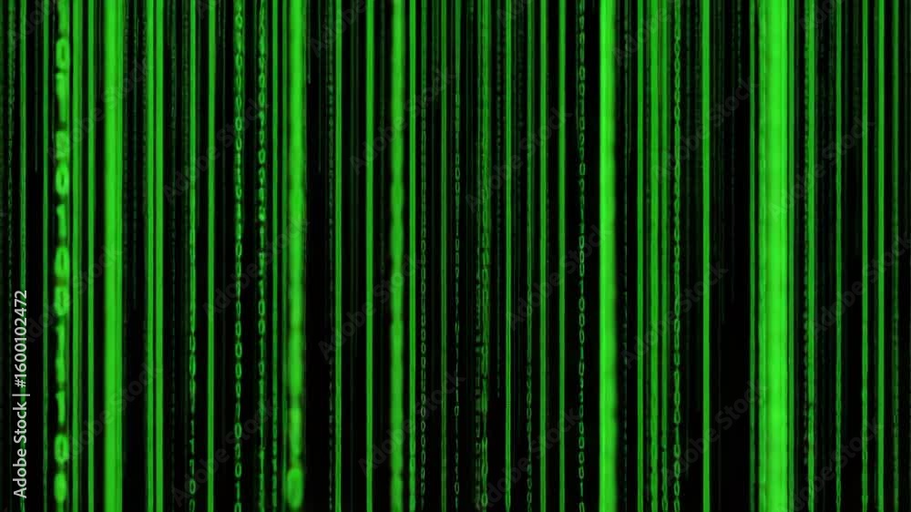 Poster green binary code streams down a black background, representing digital data flow