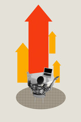 Sketch pop image sketch vertical collage of minded businessman sit workplace laptop arrow...