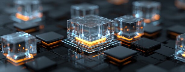 Futuristic digital technology concept with transparent holographic 3D cubes on glowing black circuit board background for innovation and data visualization