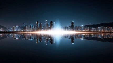 Fototapeta premium City skyline at night with illuminated skyscrapers reflecting on calm water and mountain backdrop under dark sky with bright light flare