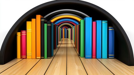 Obraz premium Colorful Books in an Arched Bookcase Tunnel