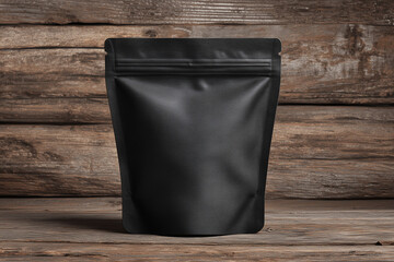 Pouch Black Stand Up Mockup on Rustic Wooden Background for Product Branding